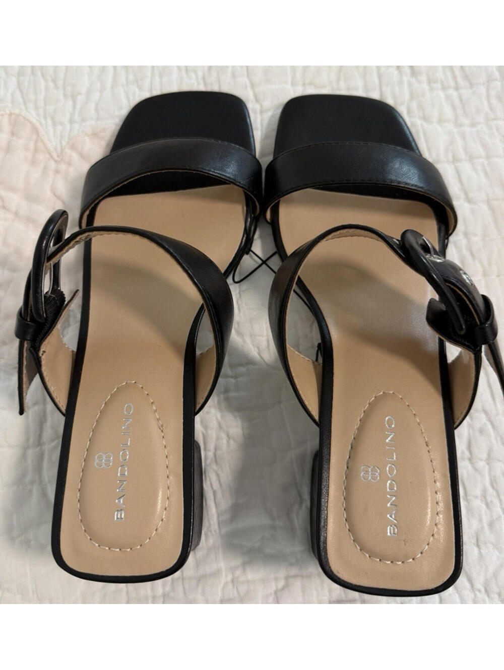 Bandolino Black Faux Leather Block Heel Sandals Women's Size 7 M Slip On Shoes